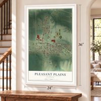 Pleasant Plains, Illinois map, 24 x 36 inch print in a white frame by a staircase