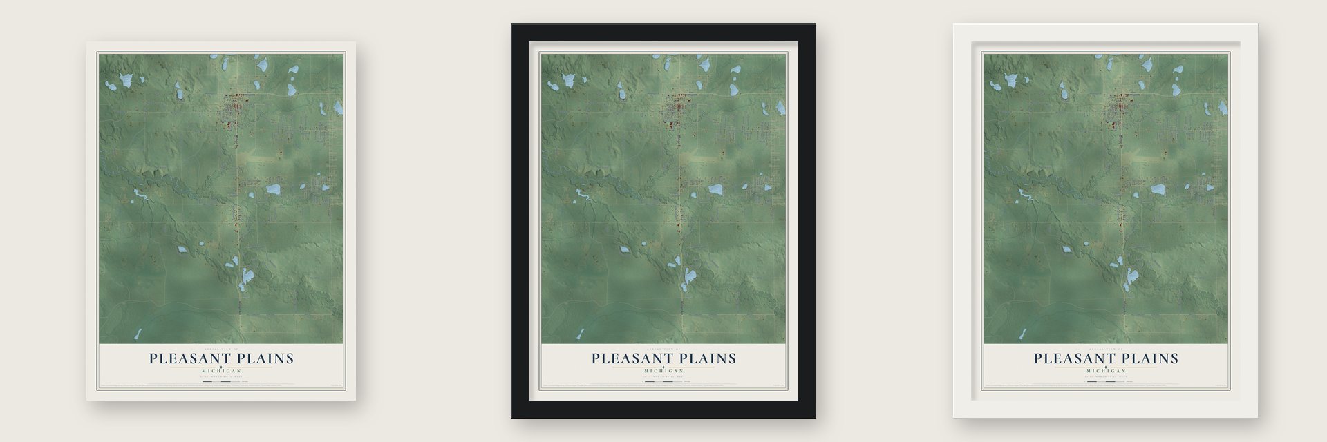 Pleasant Plains, Michigan map unframed, in a black wood frame and in a white wood frame