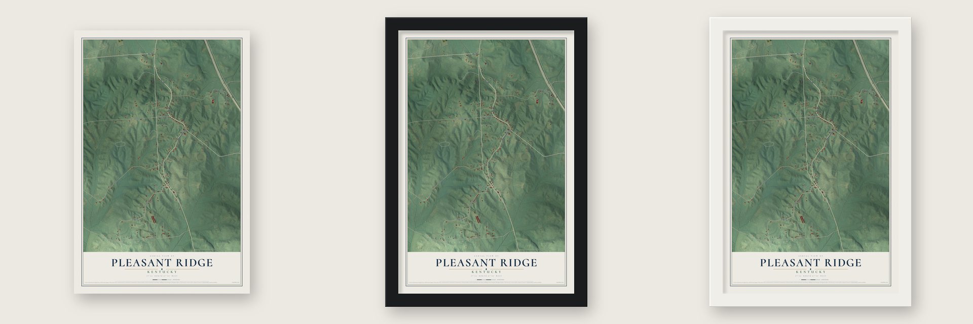 Pleasant Ridge, Kentucky map unframed, in a black wood frame and in a white wood frame