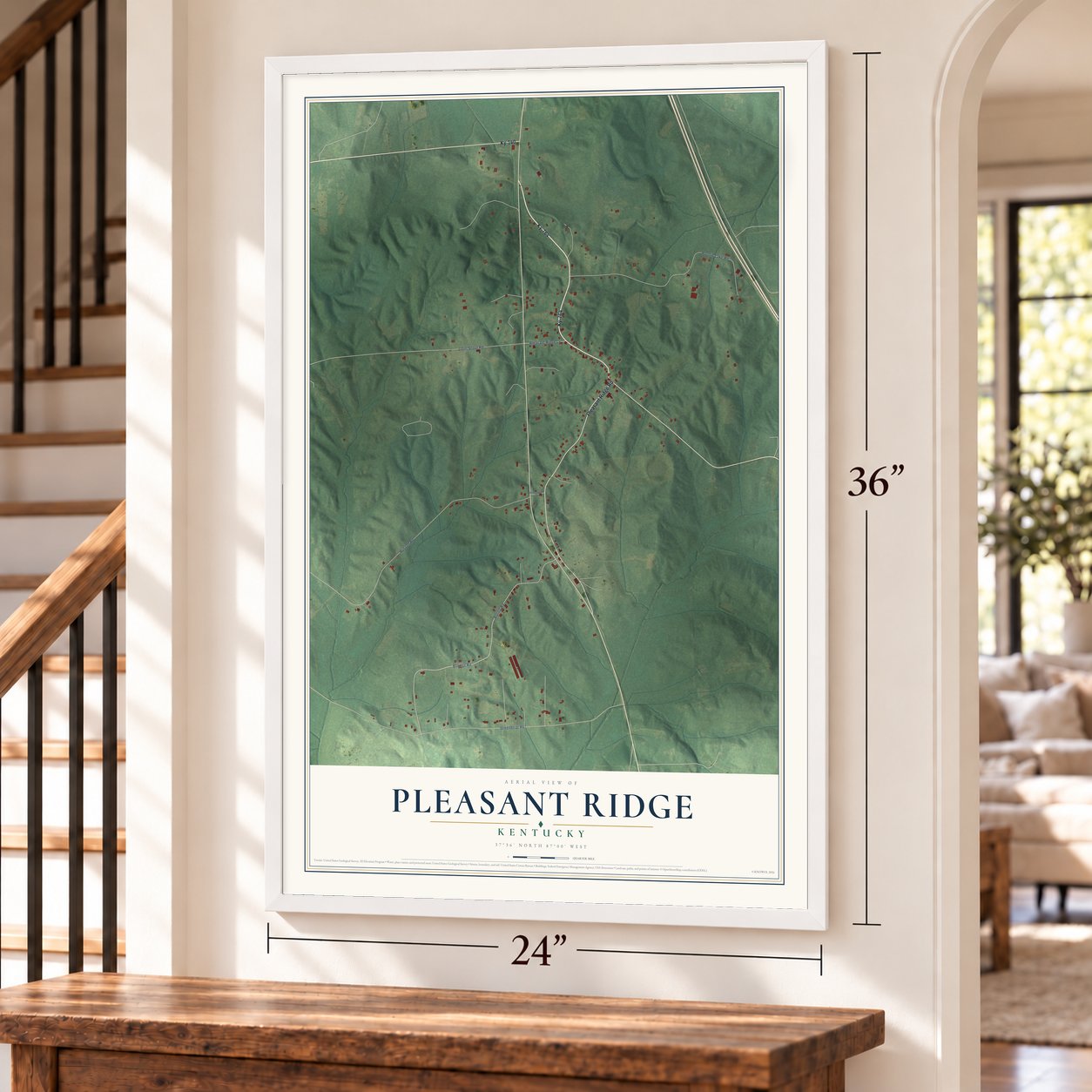 Pleasant Ridge, Kentucky map, 24 x 36 inch print in a white frame by a staircase