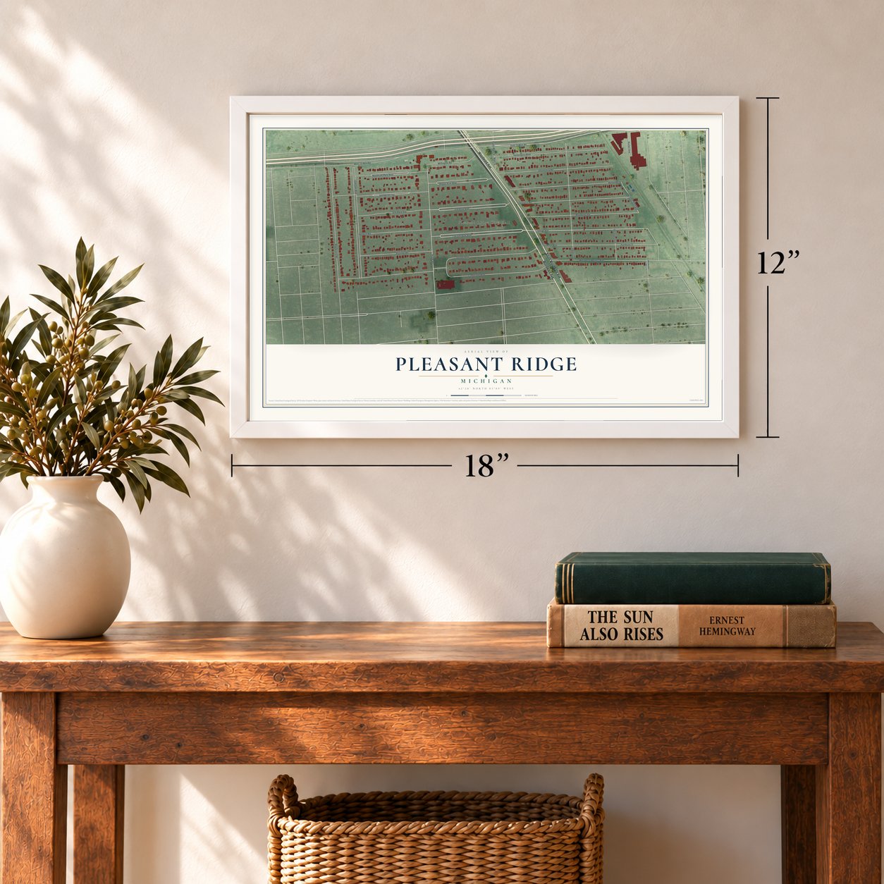 Pleasant Ridge, Michigan map, 12 x 18 inch print in a white frame in an entryway