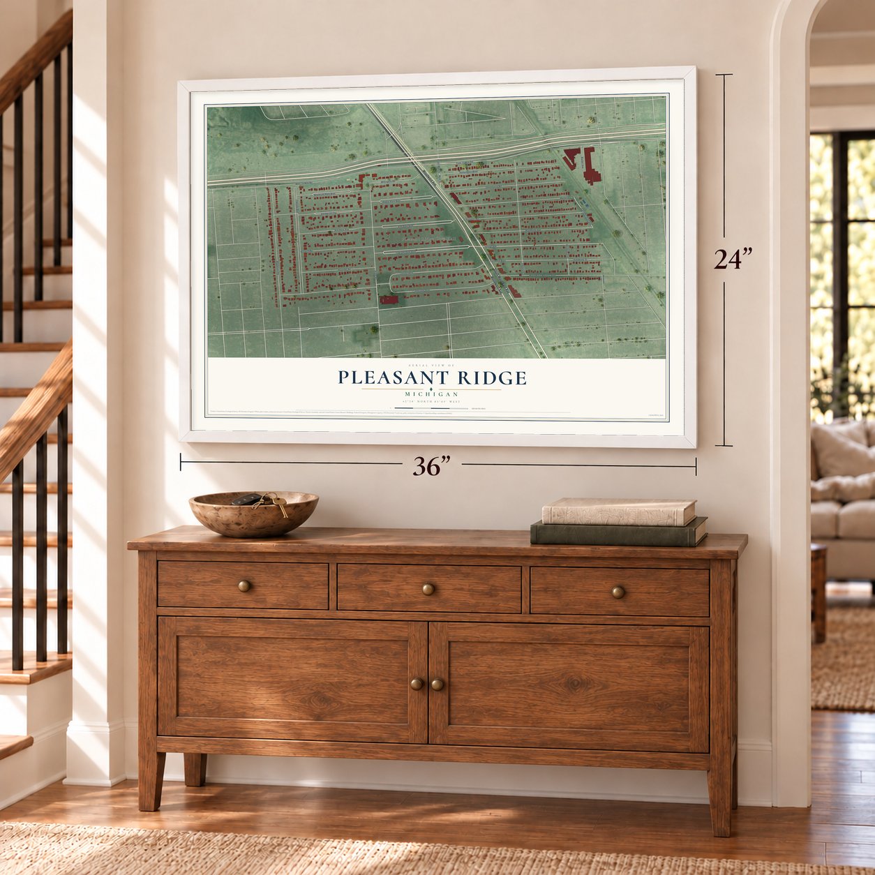 Pleasant Ridge, Michigan map, 24 x 36 inch print in a white frame above a dresser by a staircase