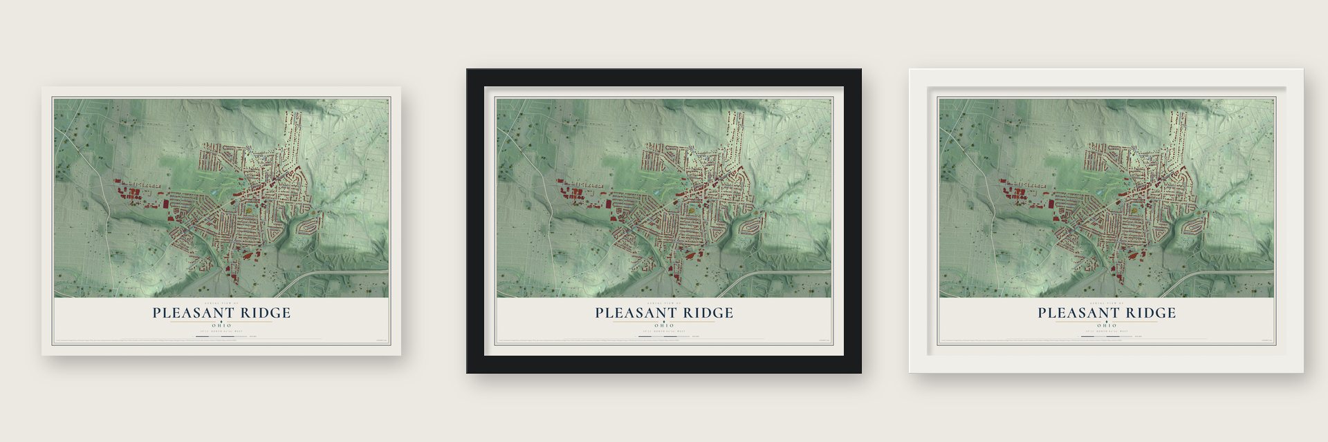 Pleasant Ridge, Ohio map unframed, in a black wood frame and in a white wood frame