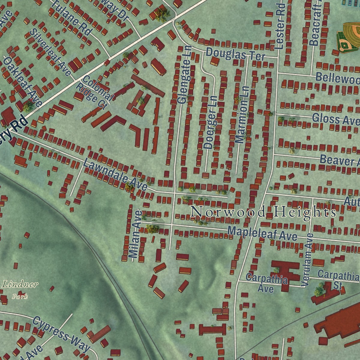 Second close-up of the map of Pleasant Ridge, Ohio print showing more streets and buildings