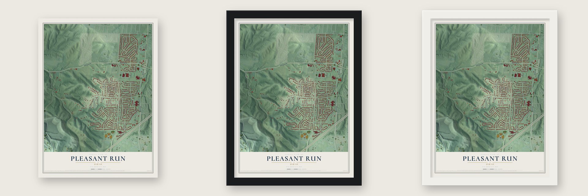 Pleasant Run, Ohio map unframed, in a black wood frame and in a white wood frame