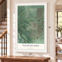 Pleasant Run, Ohio map, 24 x 36 inch print in a white frame by a staircase