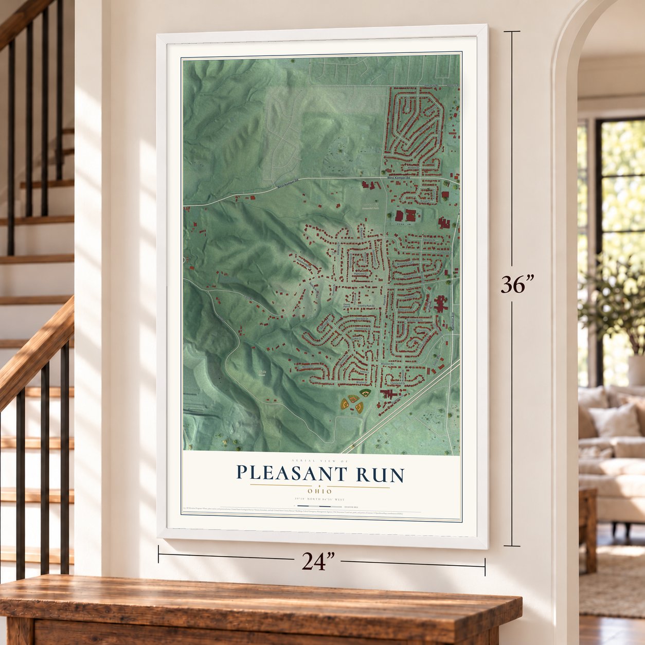 Pleasant Run, Ohio map, 24 x 36 inch print in a white frame by a staircase