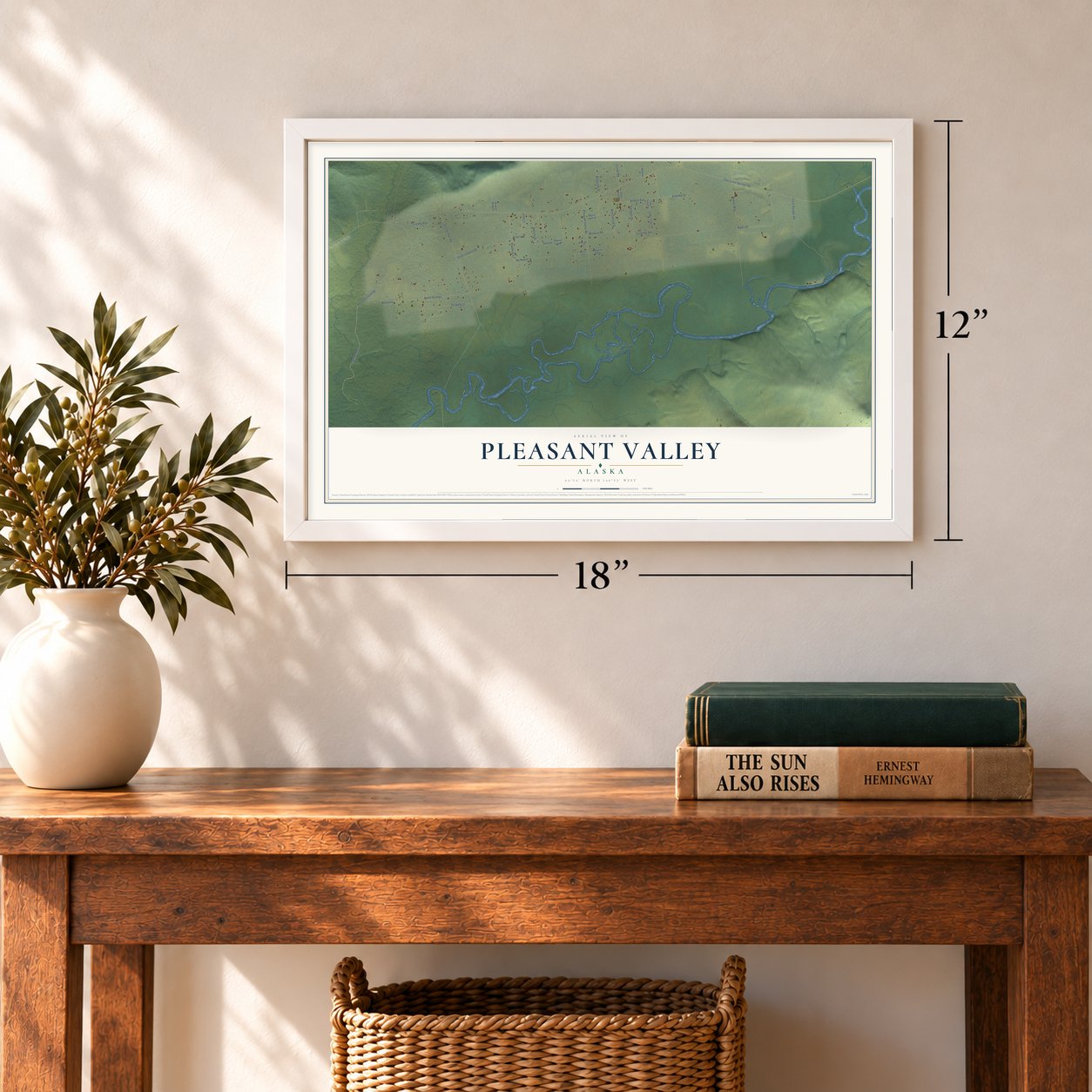 Pleasant Valley, Alaska map, 12 x 18 inch print in a white frame in an entryway