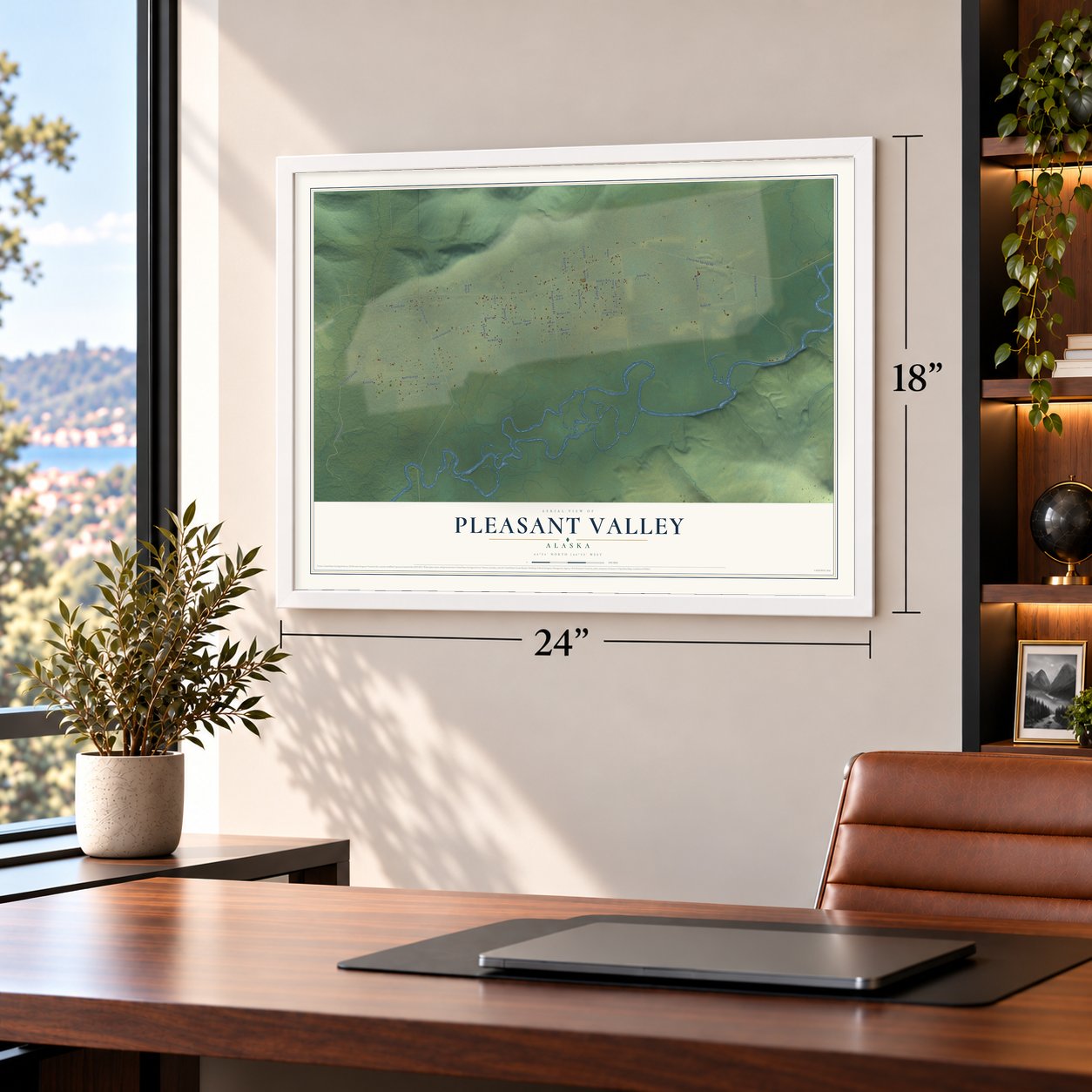 Pleasant Valley, Alaska map, 18 x 24 inch print in a white frame in a home office