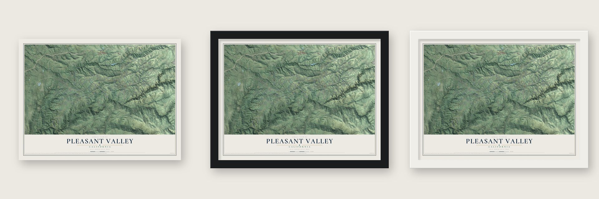 Pleasant Valley, California map unframed, in a black wood frame and in a white wood frame