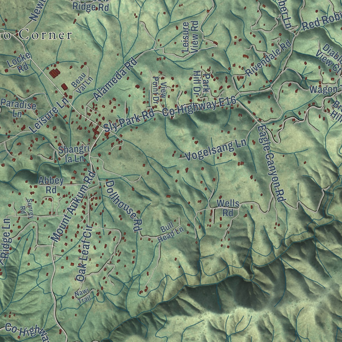Second close-up of the map of Pleasant Valley, California print showing more streets and buildings