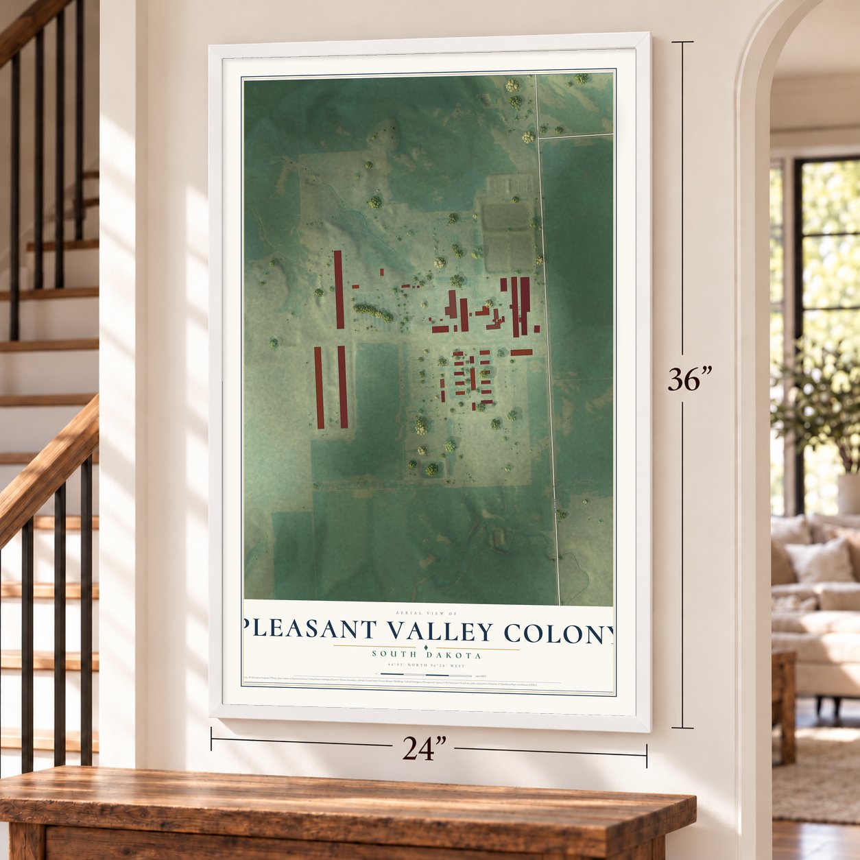 Pleasant Valley Colony, South Dakota map, 24 x 36 inch print in a white frame by a staircase