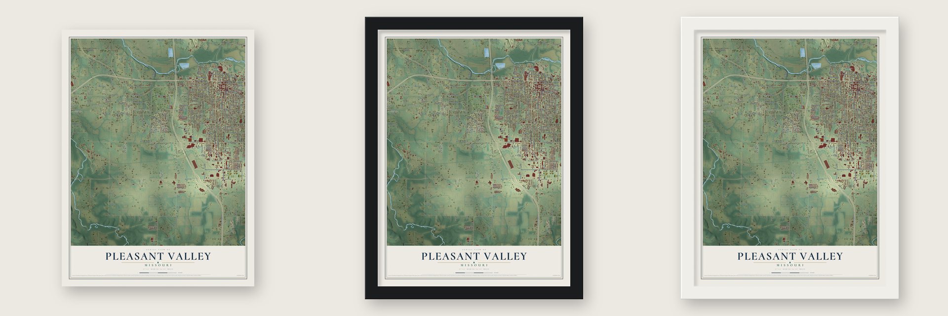 Pleasant Valley, Jasper County, Missouri map unframed, in a black wood frame and in a white wood frame