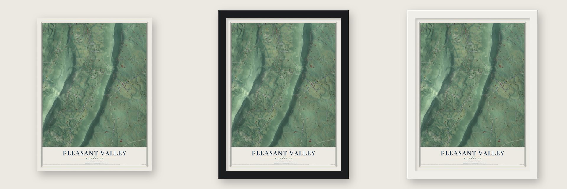 Pleasant Valley, Maryland map unframed, in a black wood frame and in a white wood frame