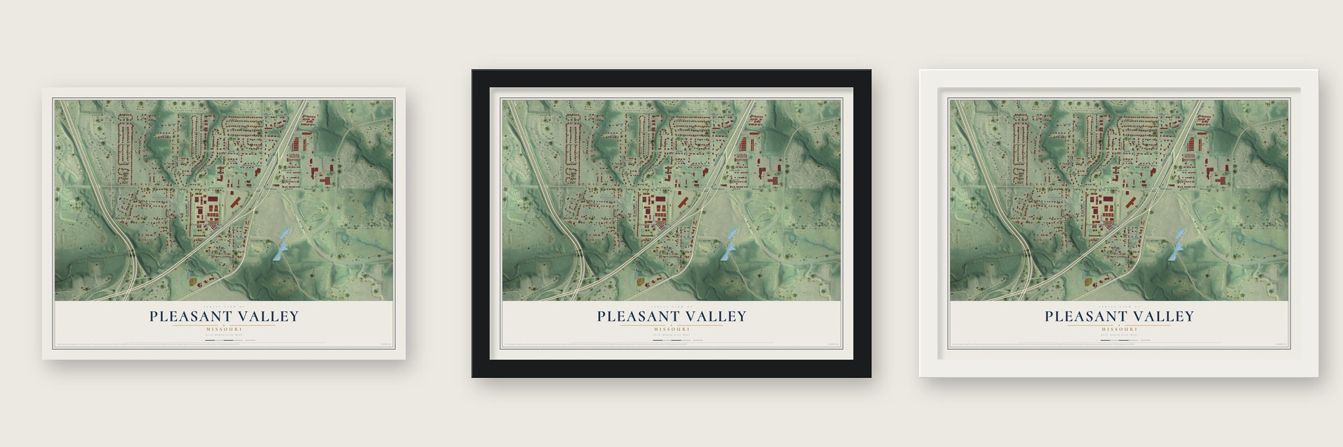 Pleasant Valley, Missouri map unframed, in a black wood frame and in a white wood frame