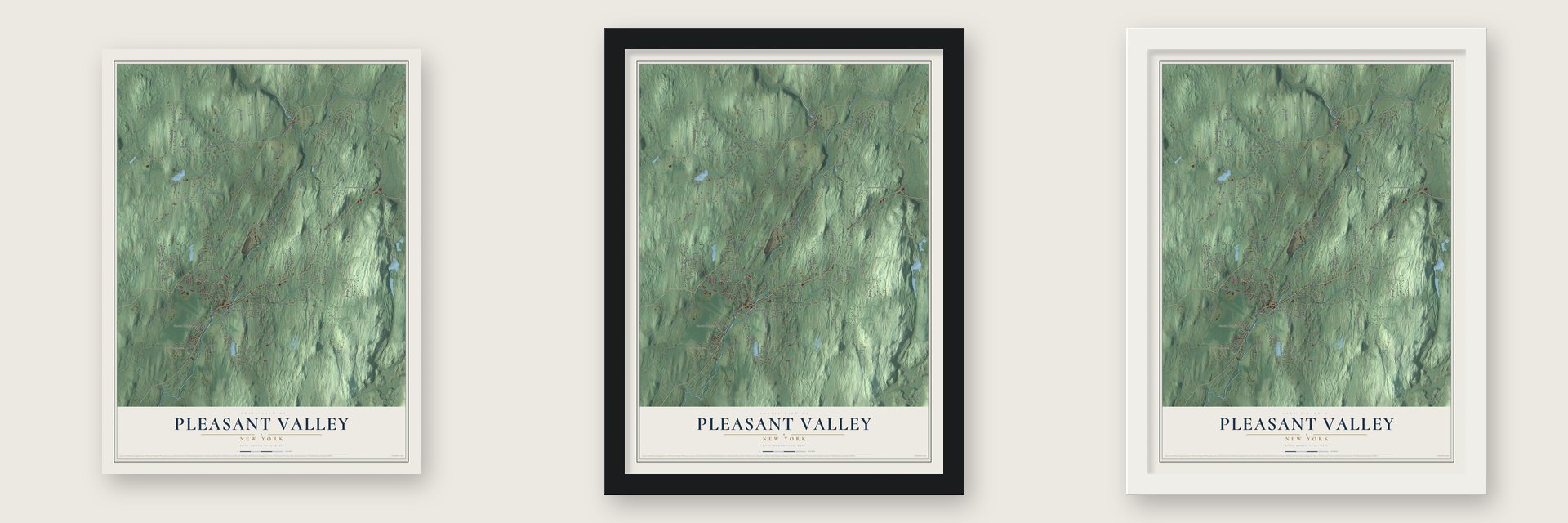 Pleasant Valley, New York map unframed, in a black wood frame and in a white wood frame