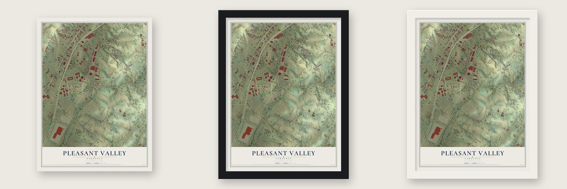 Pleasant Valley, Virginia map unframed, in a black wood frame and in a white wood frame