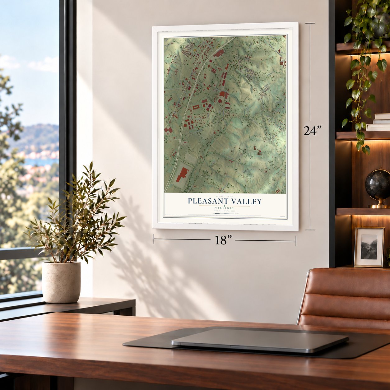Pleasant Valley, Virginia map, 18 x 24 inch print in a white frame in a home office