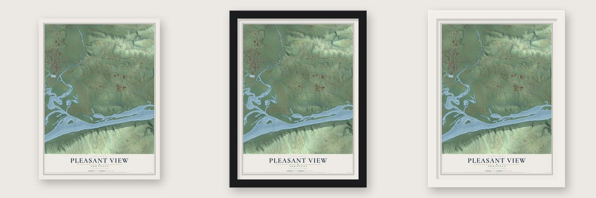 Pleasant View, Arkansas map unframed, in a black wood frame and in a white wood frame