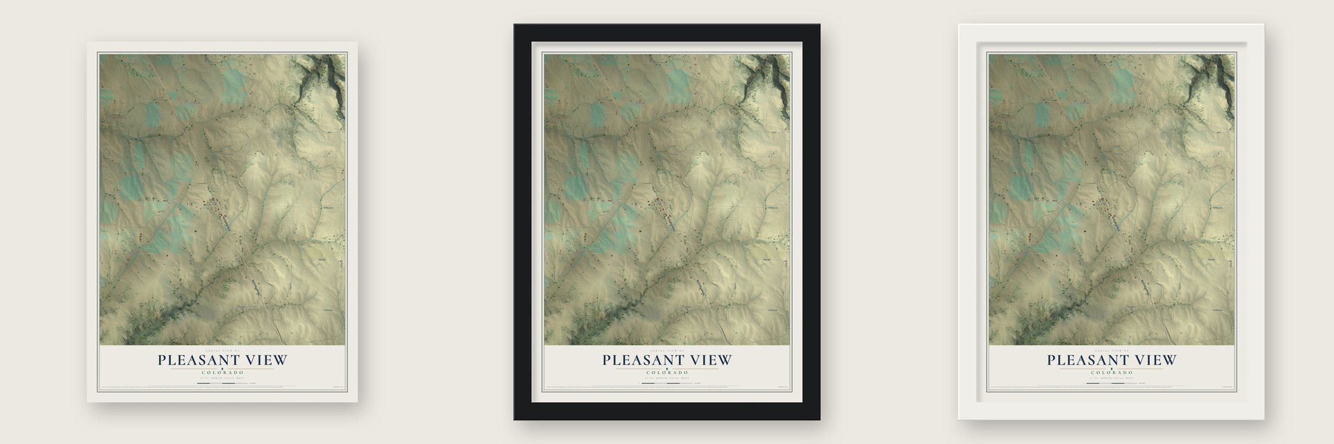 Pleasant View, Colorado map unframed, in a black wood frame and in a white wood frame
