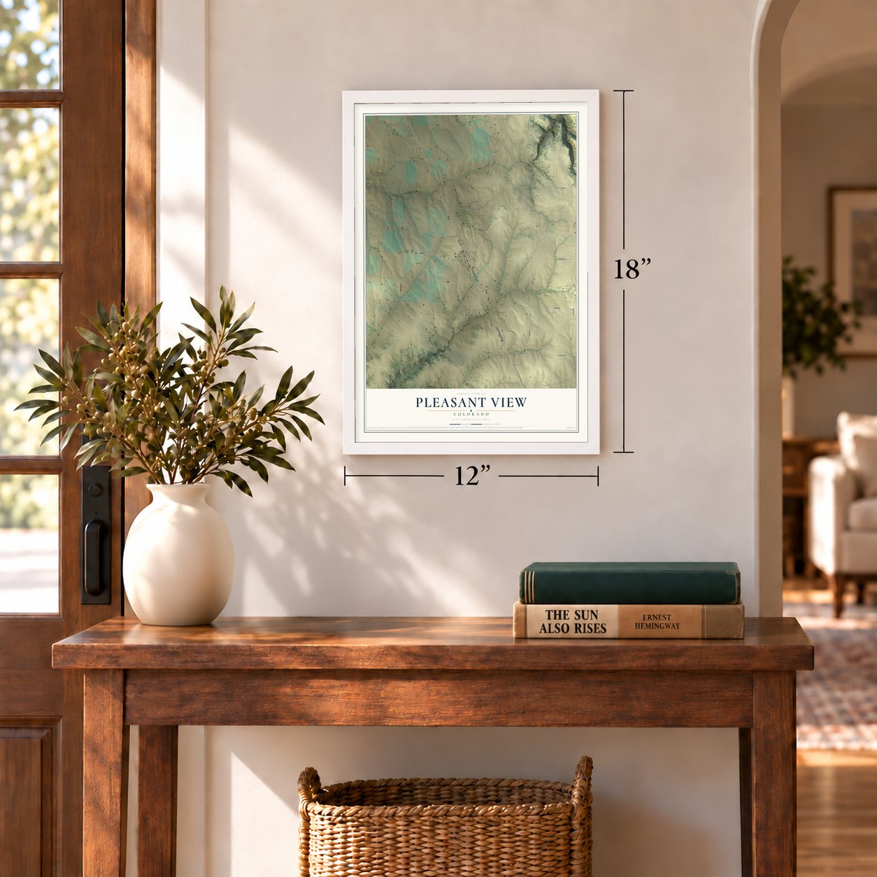 Pleasant View, Colorado map, 12 x 18 inch print in a white frame in an entryway
