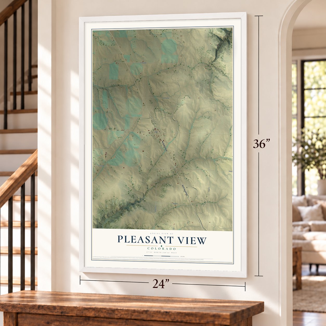 Pleasant View, Colorado map, 24 x 36 inch print in a white frame by a staircase