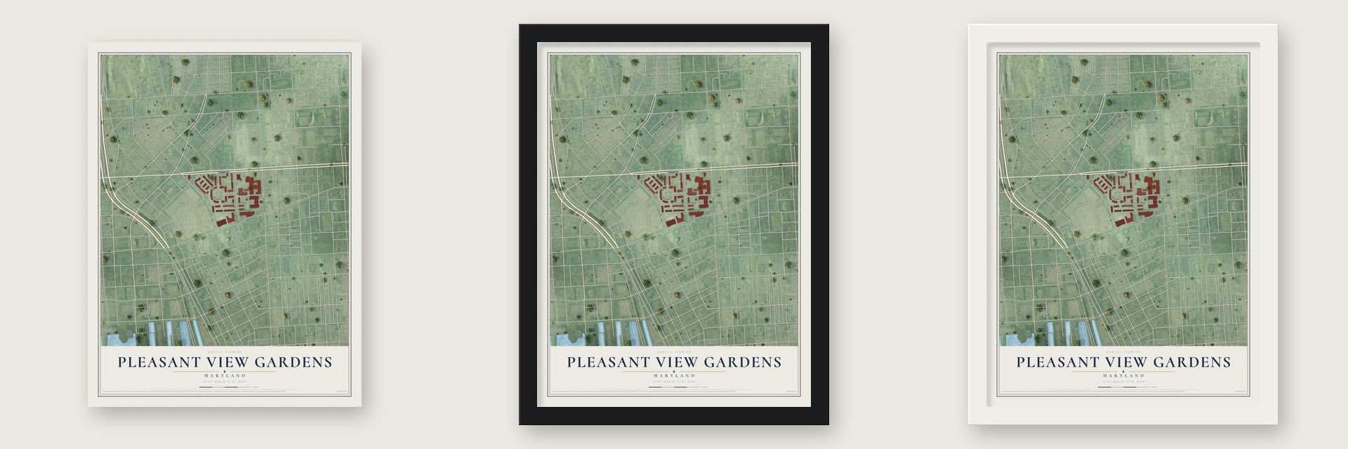 Pleasant View Gardens, Maryland map unframed, in a black wood frame and in a white wood frame