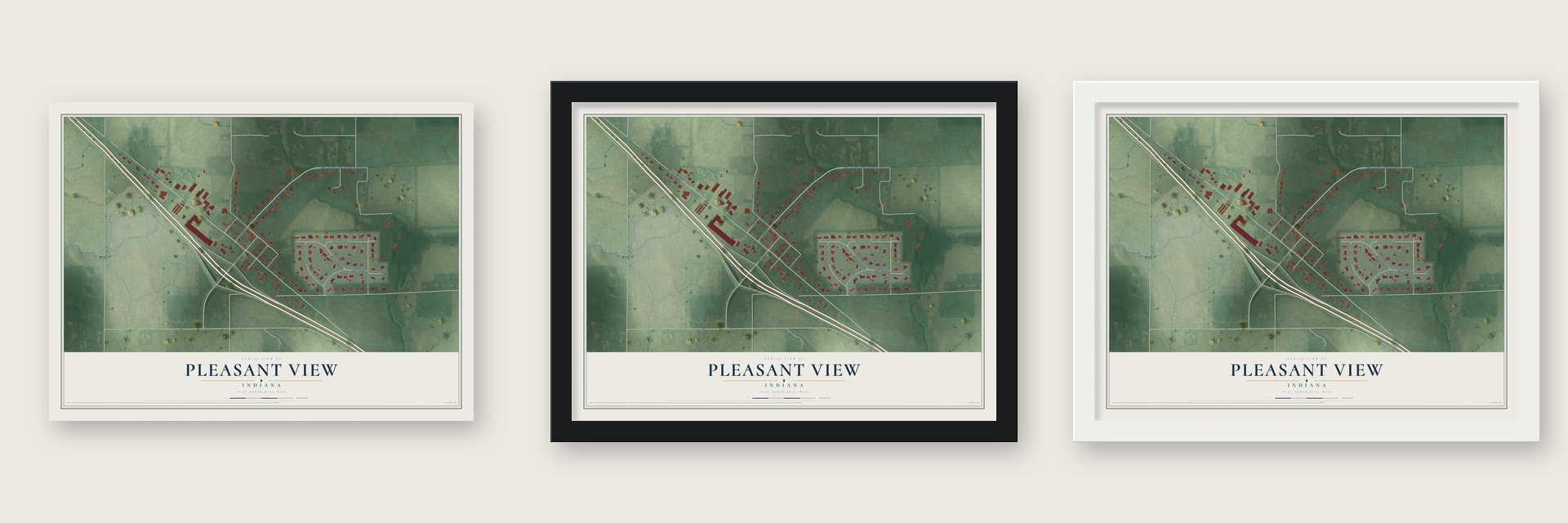 Pleasant View, Indiana map unframed, in a black wood frame and in a white wood frame