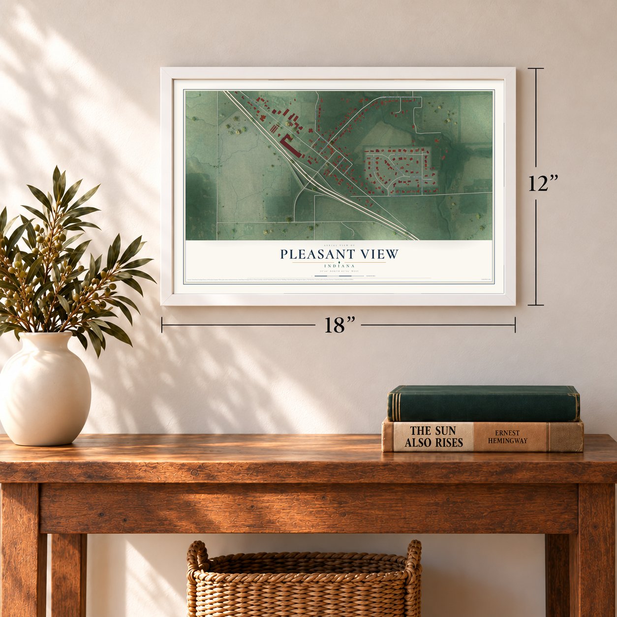 Pleasant View, Indiana map, 12 x 18 inch print in a white frame in an entryway