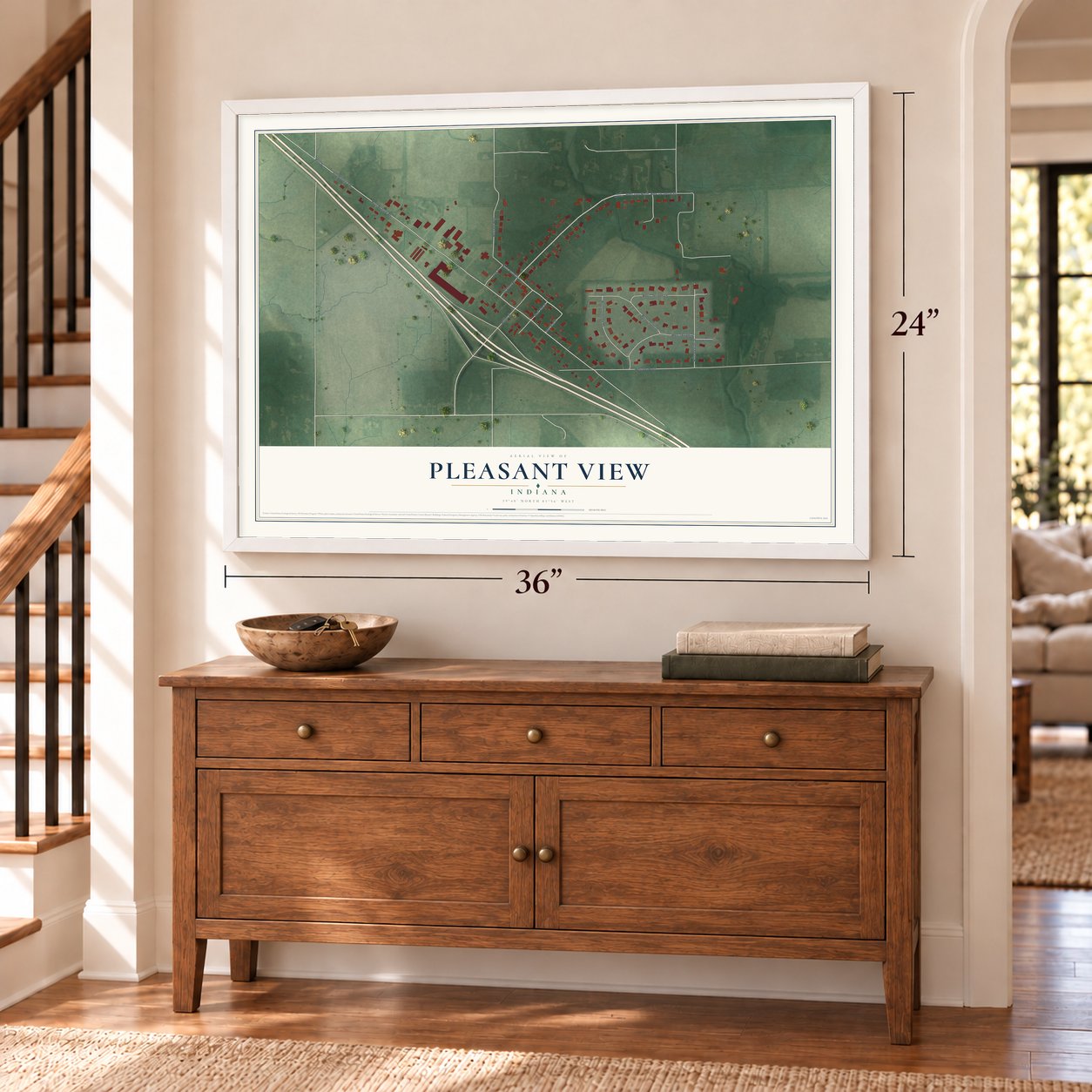 Pleasant View, Indiana map, 24 x 36 inch print in a white frame above a dresser by a staircase