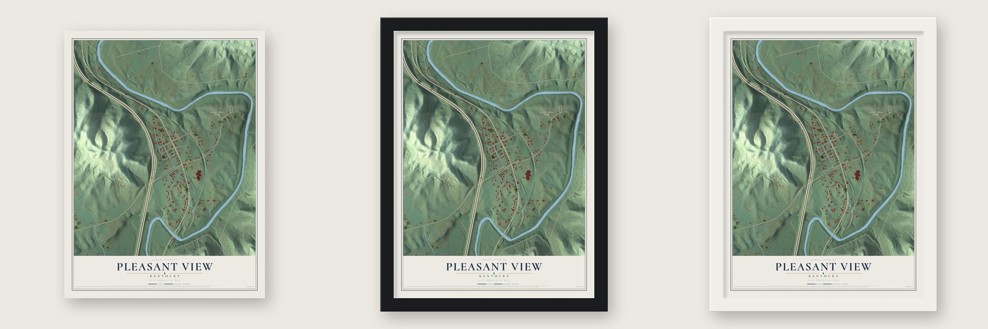 Pleasant View, Kentucky map unframed, in a black wood frame and in a white wood frame