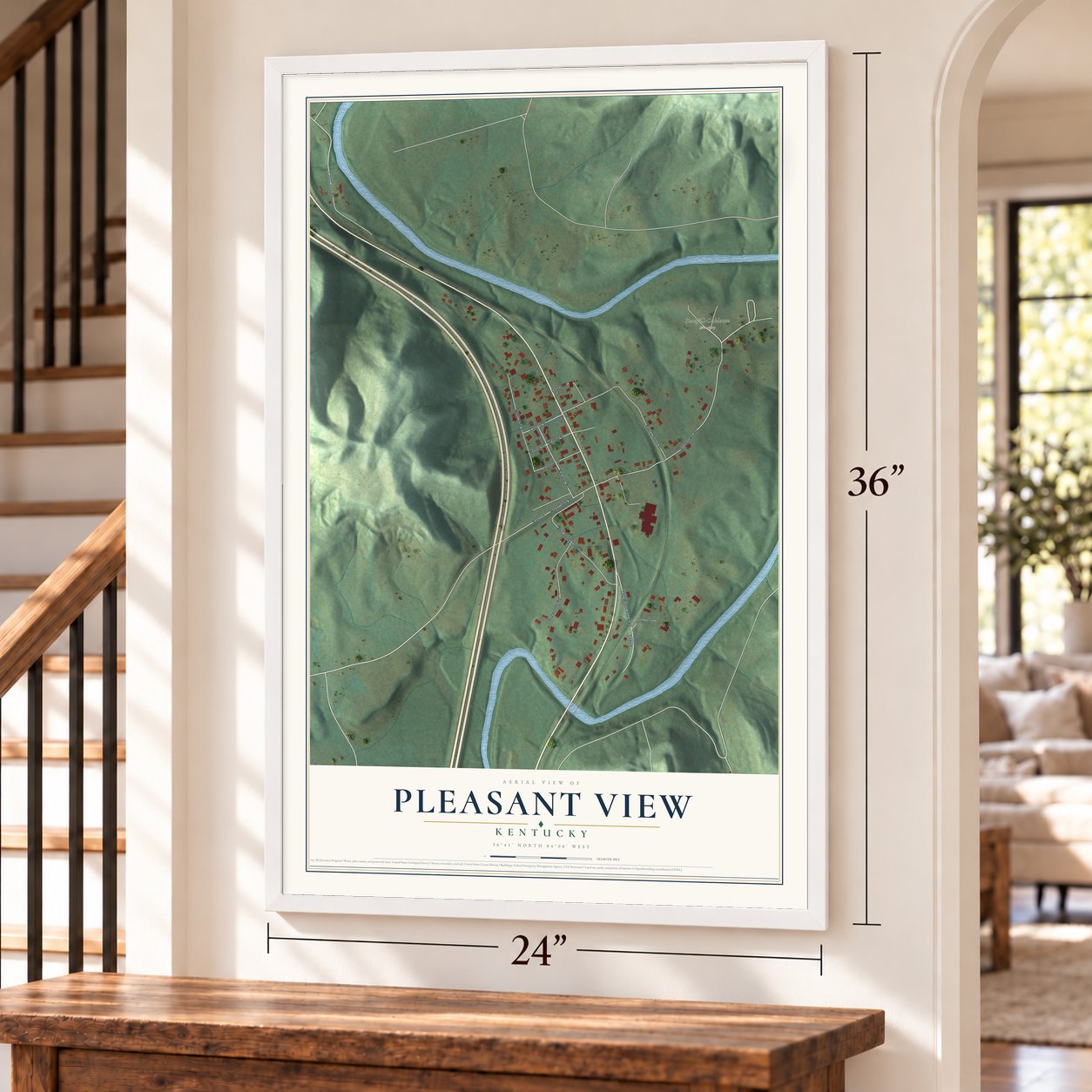 Pleasant View, Kentucky map, 24 x 36 inch print in a white frame by a staircase