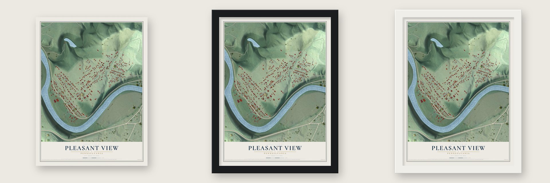 Pleasant View, Pennsylvania map unframed, in a black wood frame and in a white wood frame