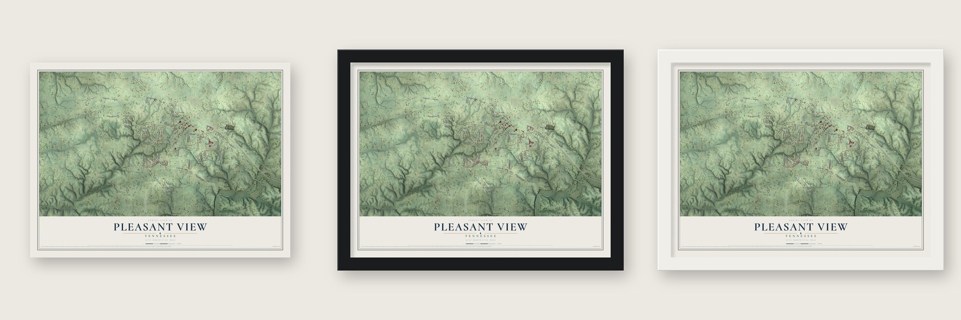 Pleasant View, Tennessee map unframed, in a black wood frame and in a white wood frame