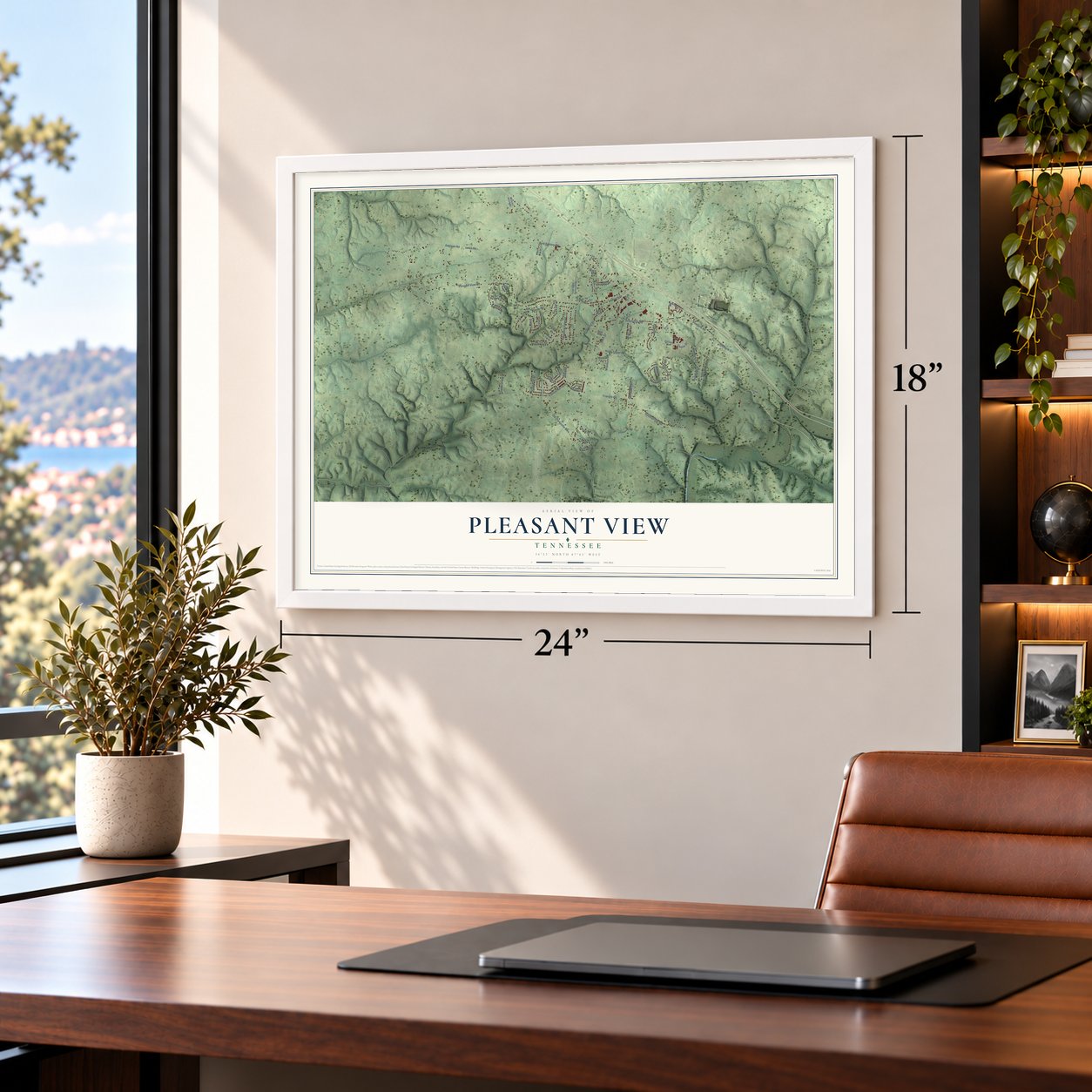Pleasant View, Tennessee map, 18 x 24 inch print in a white frame in a home office