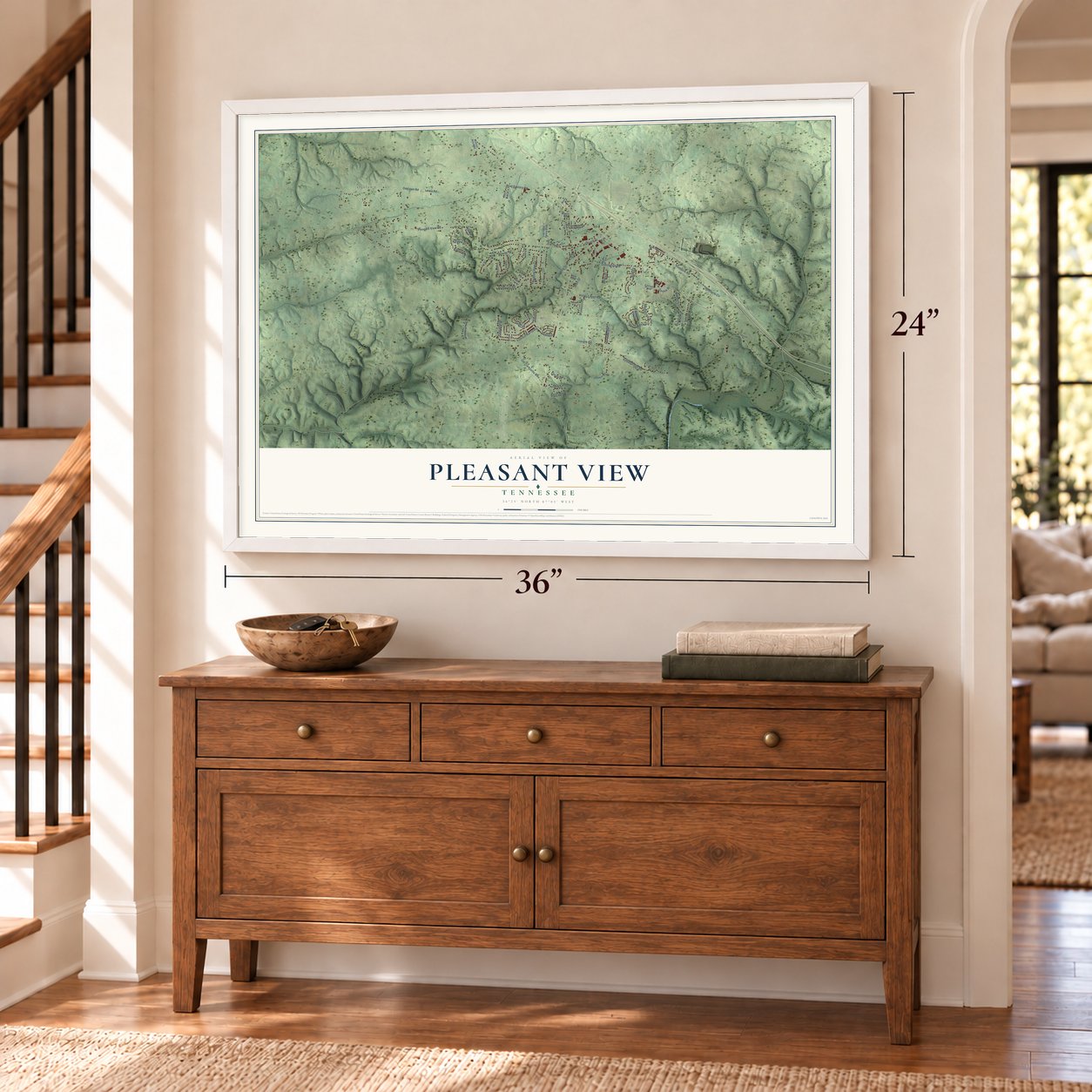 Pleasant View, Tennessee map, 24 x 36 inch print in a white frame above a dresser by a staircase