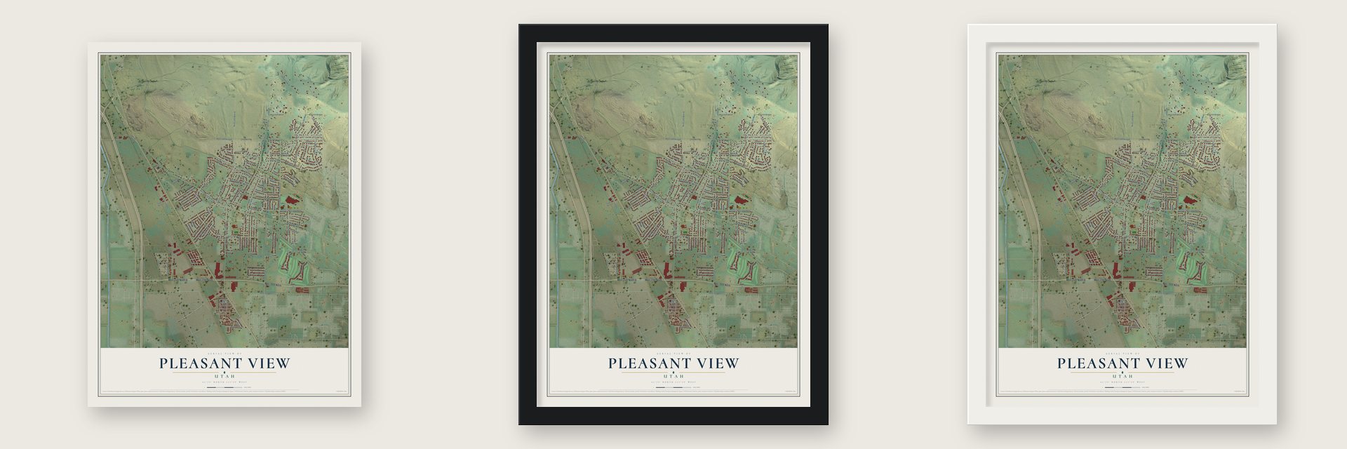 Pleasant View, Utah map unframed, in a black wood frame and in a white wood frame