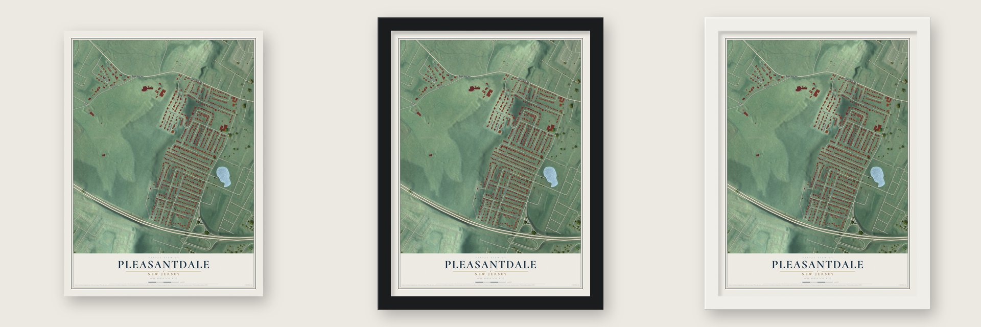 Pleasantdale, New Jersey map unframed, in a black wood frame and in a white wood frame