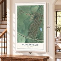 Pleasantdale, New Jersey map, 24 x 36 inch print in a white frame by a staircase