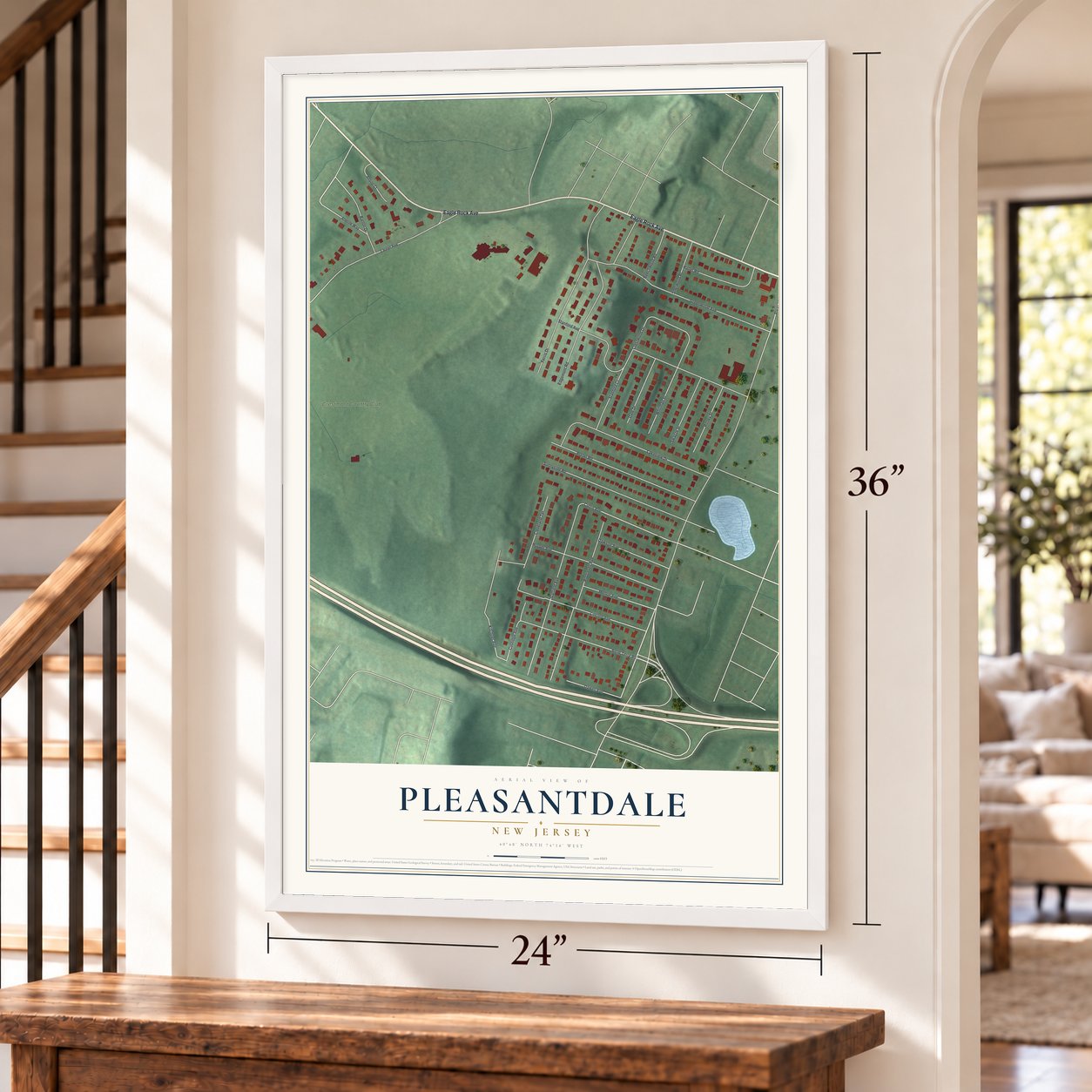 Pleasantdale, New Jersey map, 24 x 36 inch print in a white frame by a staircase