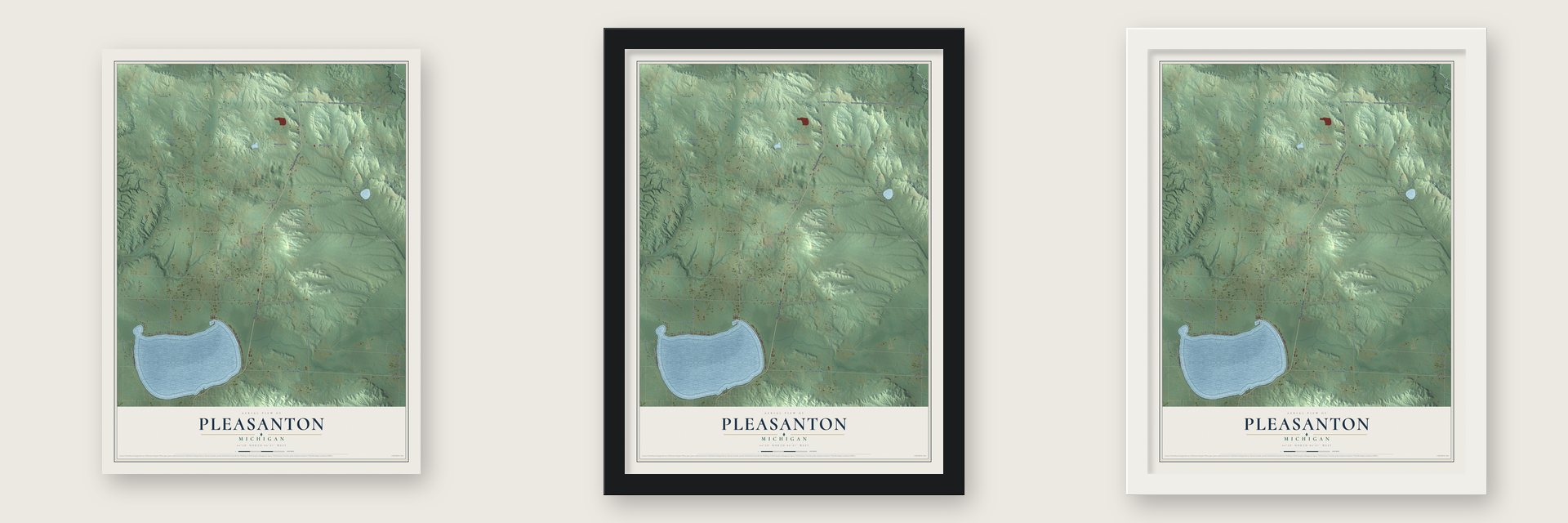 Pleasanton, Michigan map unframed, in a black wood frame and in a white wood frame