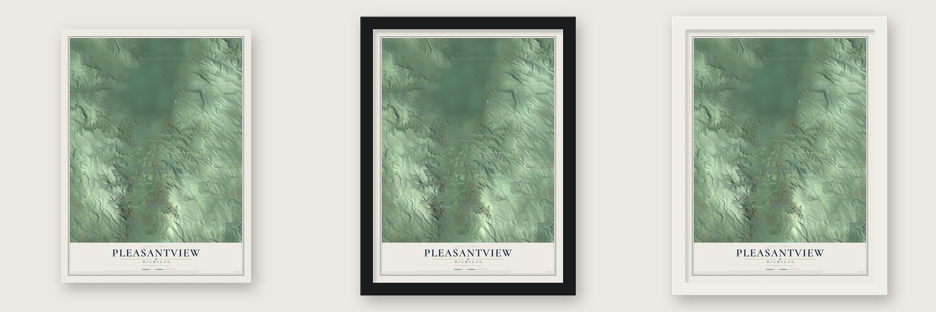 Pleasantview, Michigan map unframed, in a black wood frame and in a white wood frame