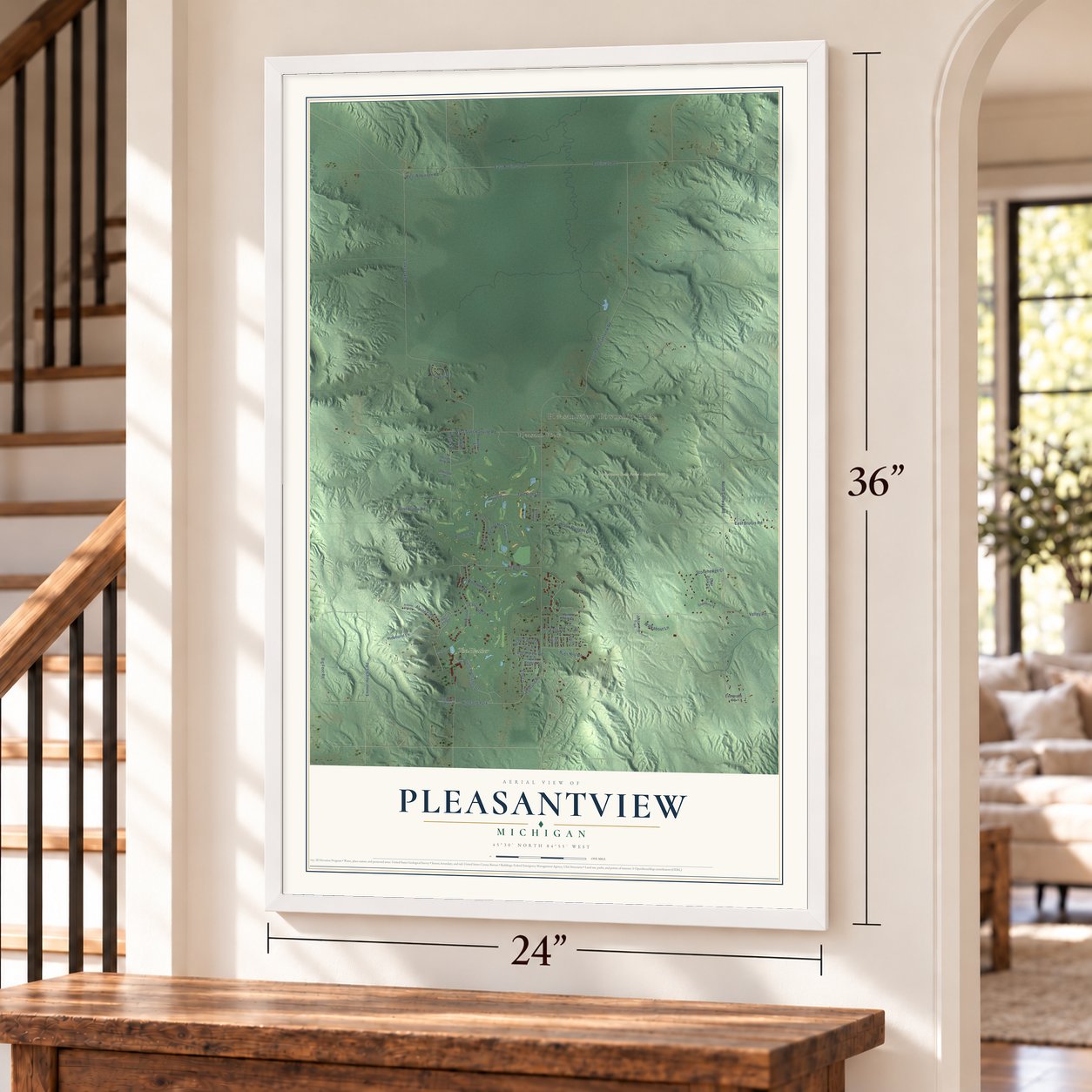 Pleasantview, Michigan map, 24 x 36 inch print in a white frame by a staircase