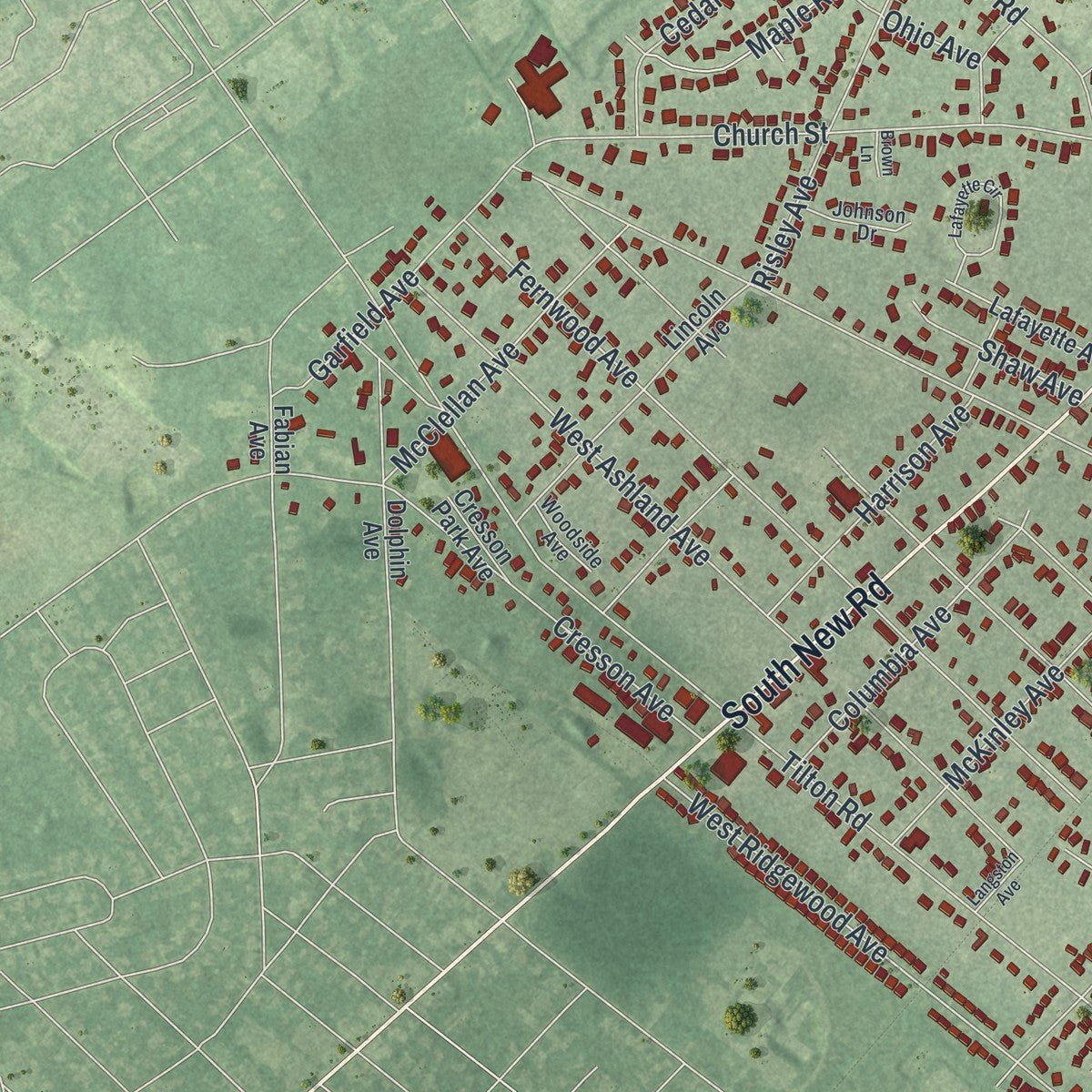Second close-up of the map of Pleasantville, New Jersey print showing more streets and buildings