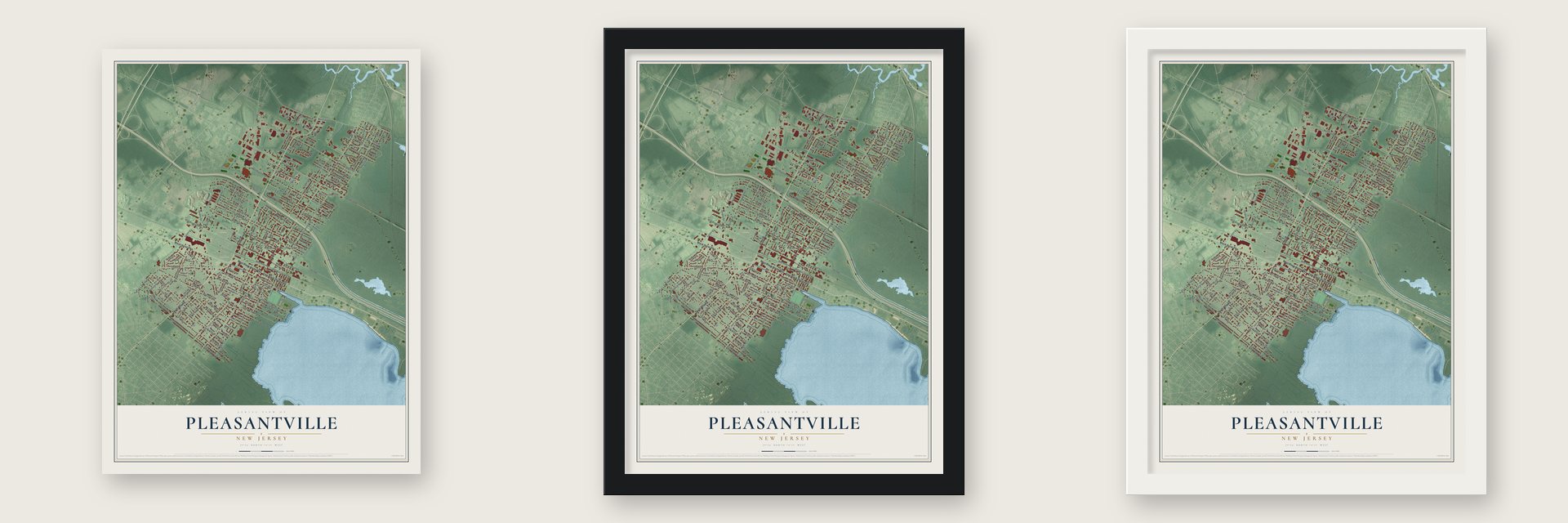Pleasantville, New Jersey map unframed, in a black wood frame and in a white wood frame