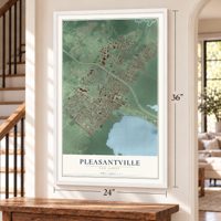 Pleasantville, New Jersey map, 24 x 36 inch print in a white frame by a staircase