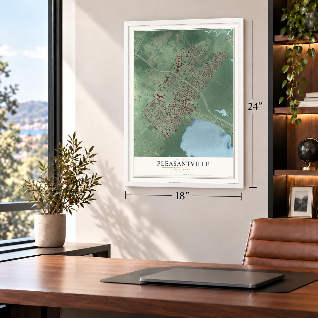 Pleasantville, New Jersey map, 18 x 24 inch print in a white frame in a home office