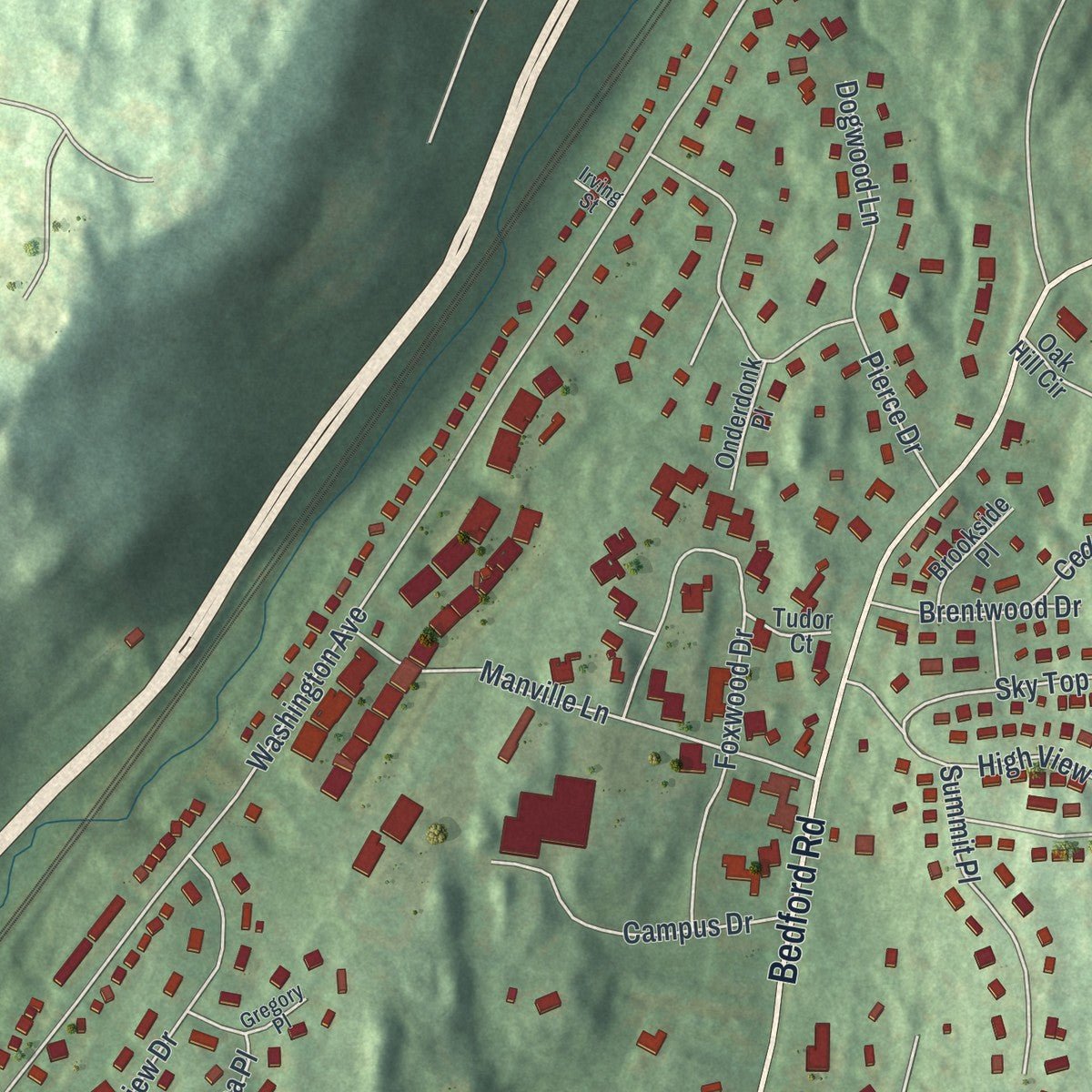 Second close-up of the map of Pleasantville, New York print showing more streets and buildings