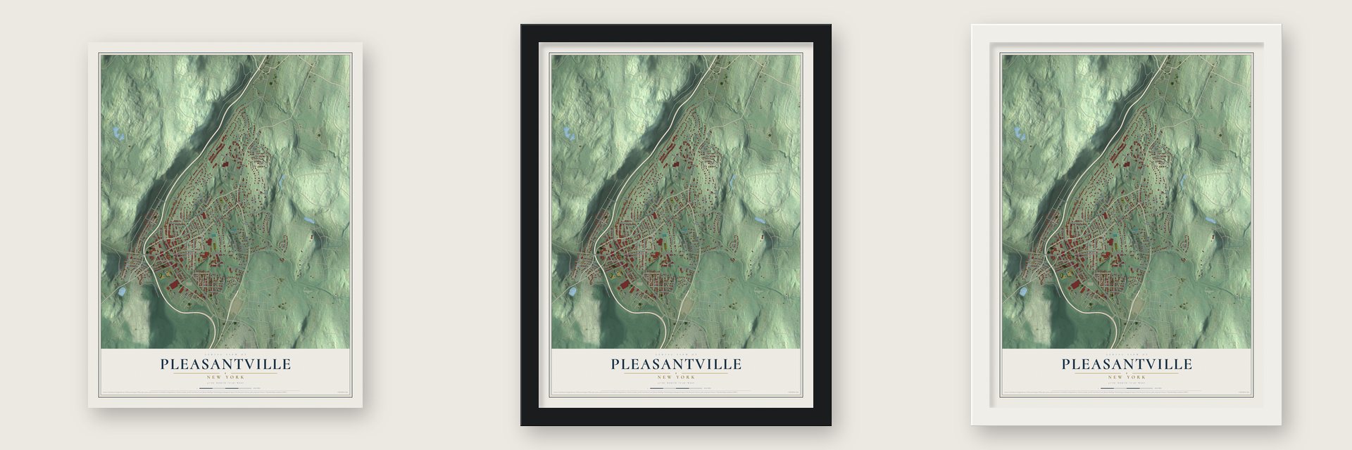 Pleasantville, New York map unframed, in a black wood frame and in a white wood frame