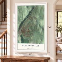Pleasantville, New York map, 24 x 36 inch print in a white frame by a staircase